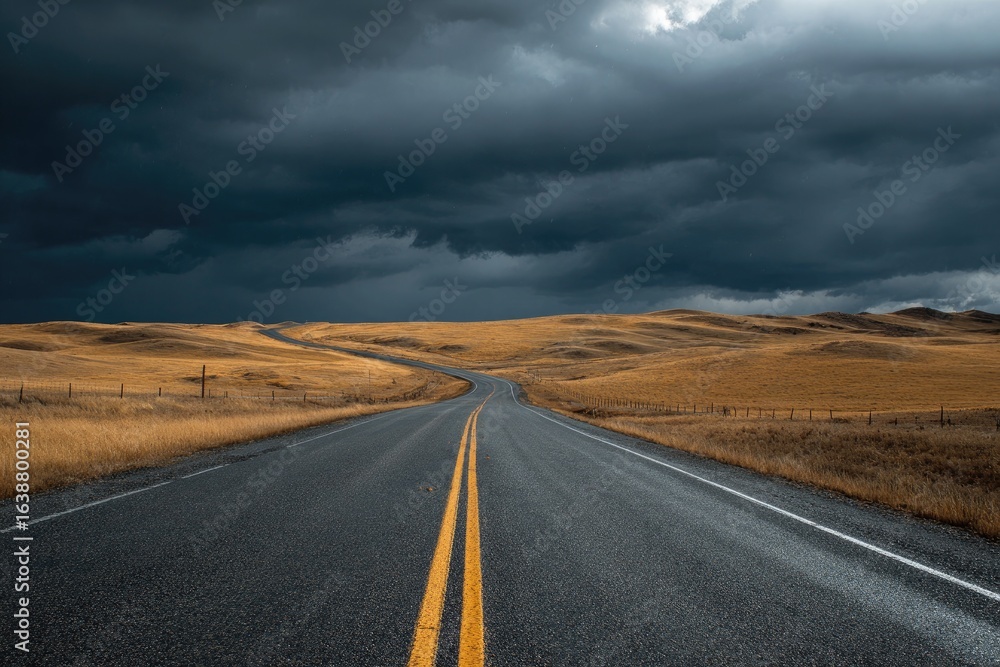 Naklejka premium Empty highway winds through golden prairie, dark storm clouds overhead