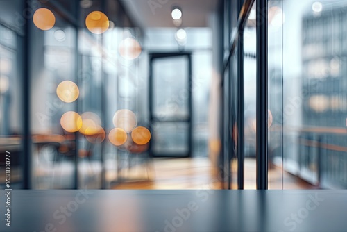 Blurred modern office interior, showcasing a hallway with glass partitions and warm lighting