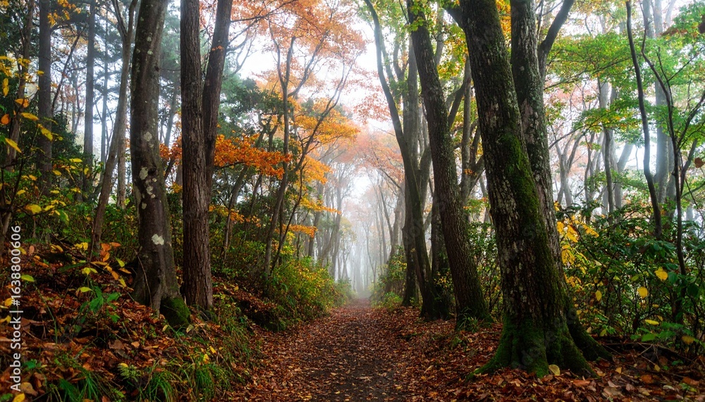 Obraz premium Scenic Autumn Walking Path Through a Forest of Colorful Fall Leaves