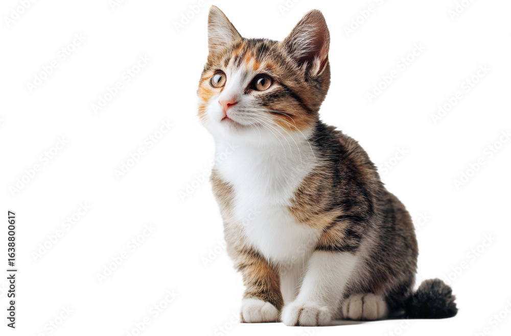 Obraz premium A small domestic tabby cat with white chest sits and looks up, showcasing cute facial features and soft fur.