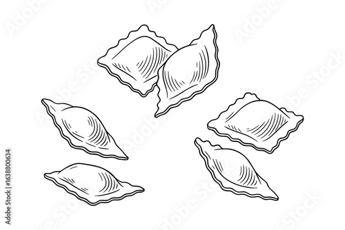 Hand-Drawn Pasta Ravioli, Variety of Shapes, Italian Cuisine, Monochrome, Vector Illustration