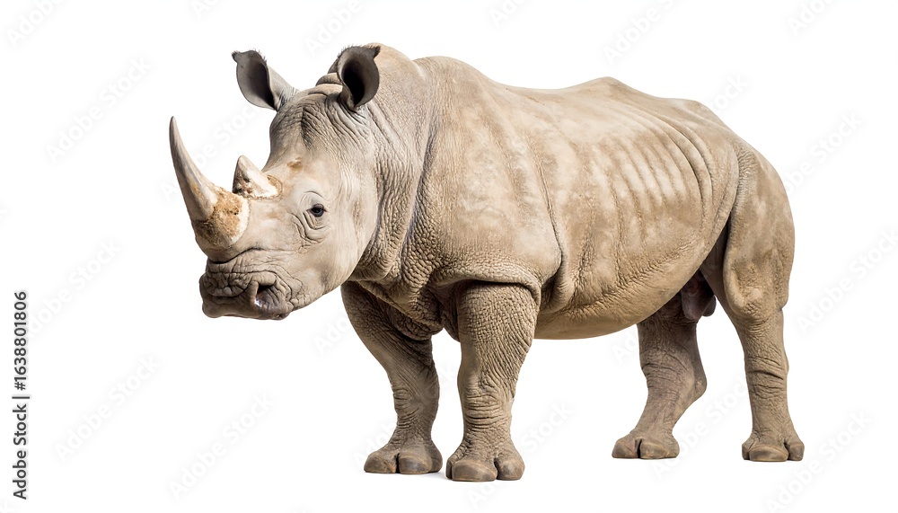 Fototapeta premium A large rhinoceros stands facing forward, against a white background