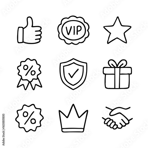 Doodle style loyalty program icons set including vip badge star gift discount crown handshake and thumbs up icon