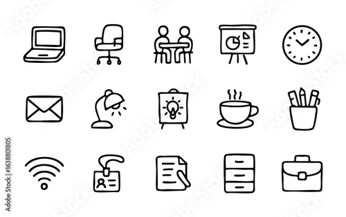 Office doodle icons set vector illustration of business elements and work from home concept for design one hundred