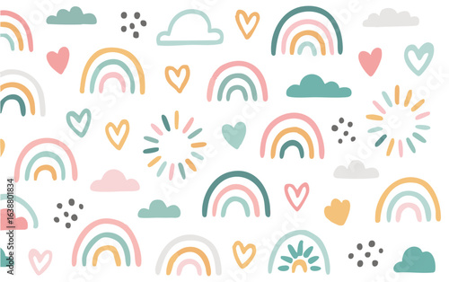 Cute pastel rainbow pattern background with clouds hearts and sun for baby nursery decor design 100