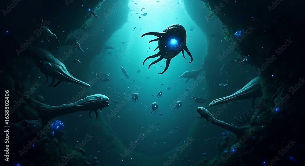 Fototapeta premium Mysterious Deep Sea Creatures Illuminated by Bioluminescence in an Underwater Cave System Exploration Journey