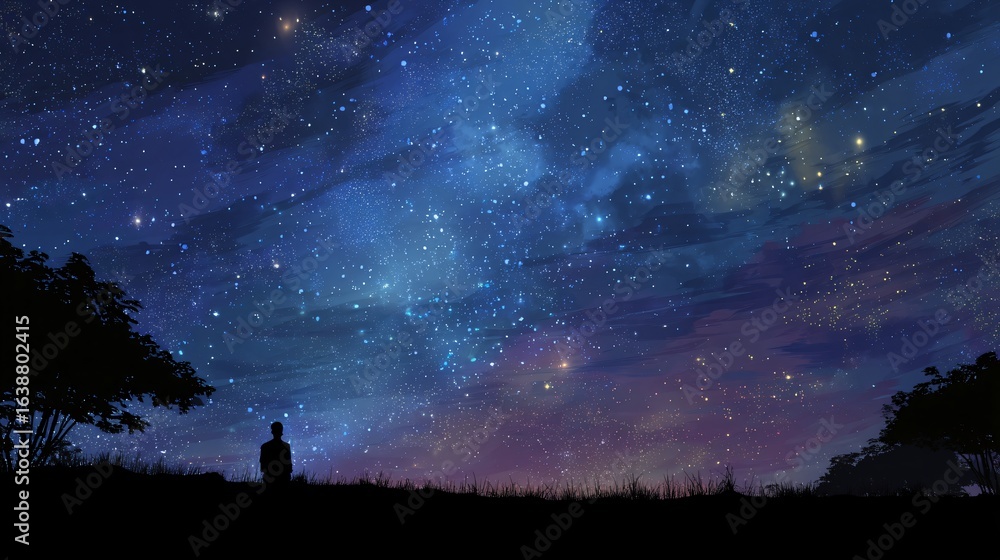 Fototapeta premium Person gazing at a night sky filled with stars.
