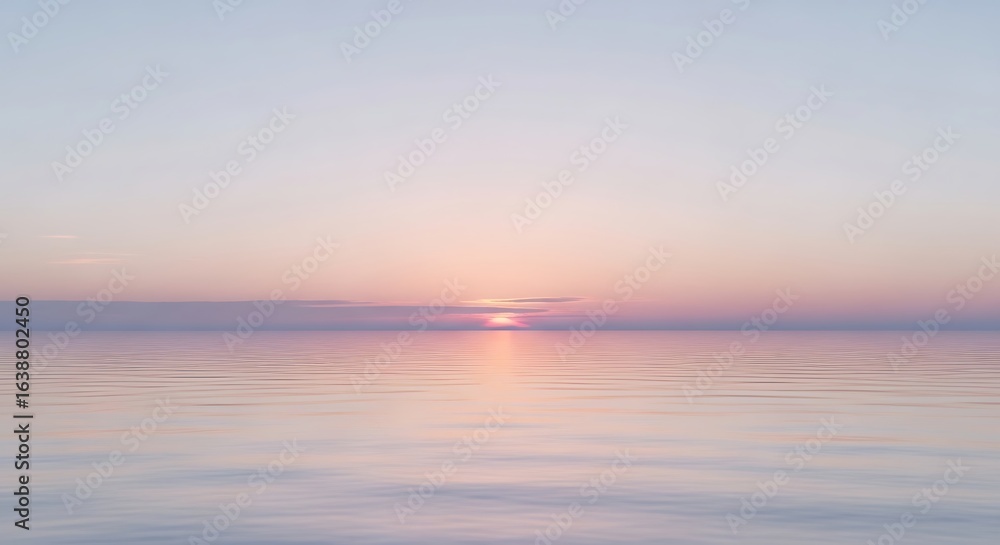 Obraz premium Serene sunset over a calm ocean with soft pastel sky and gentle water reflections.