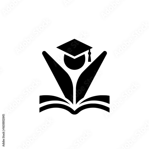 Vector illustration of a toga cap logo, symbolizing success in education, on an open book.