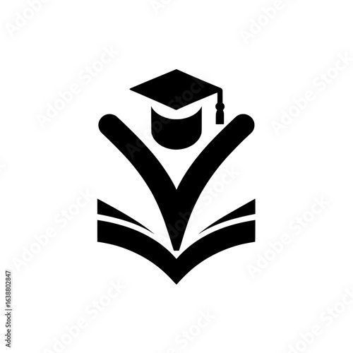 Vector illustration of a toga cap logo, symbolizing success in education, on an open book.