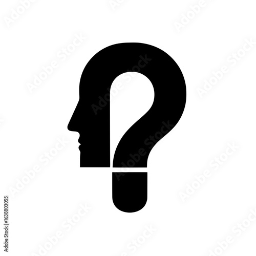 Vector illustration depicting a combination of a human head silhouette from the side with a question mark.