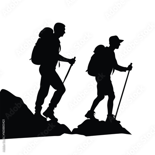 Hikers climbing rocky terrain with poles hiking trekking