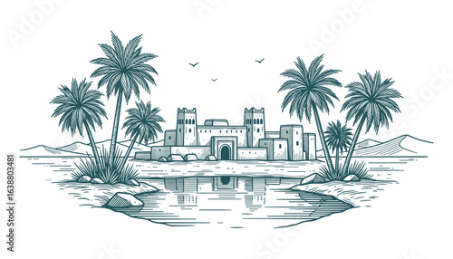 Oasis Town Palm Trees Desert Illustration Vector. Water Reflection and Arabian Buildings.
