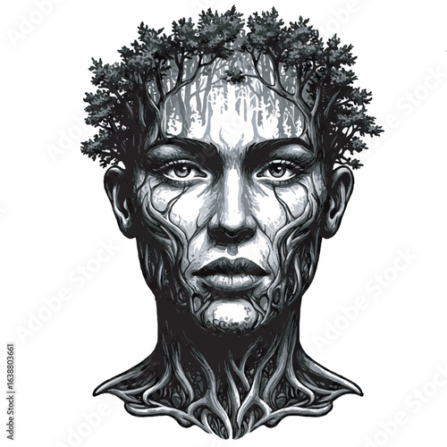 Mystical black and white illustration of a woman's face intertwined with tree branches, representing a forest spirit or Mother Nature.