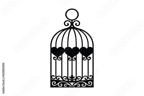 Ornate Black Birdcage with Heart Accents Silhouette Vector Illustration
