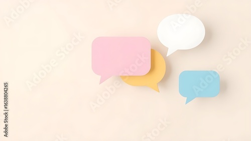 Floating speech bubble shapes on a neutral background, representing communication and feedback.