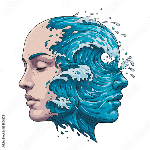 An artistic representation of inner turmoil and serenity, with a head split between a calm face and a powerful ocean wave.