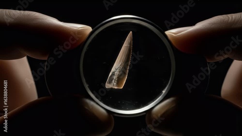 Dinosaur fossil tooth under magnifying glass