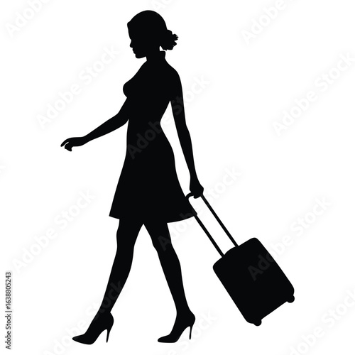 Woman walking with suitcase silhouette travel