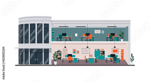 Contemporary two-story office building exterior with multiple workstation desks