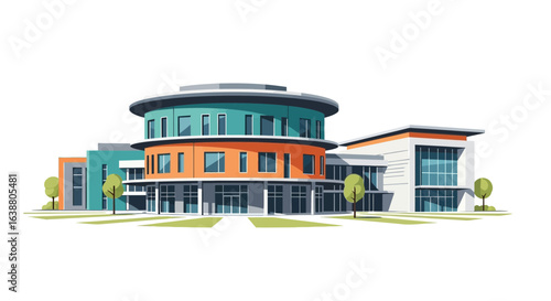 Modern architectural illustration featuring a vibrant, complex building design
