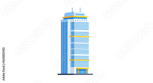 Modern business skyscraper with blue glass windows and yellow strips design