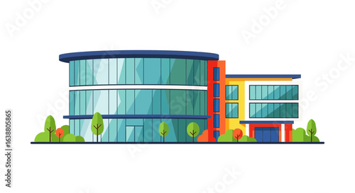 Vector illustration of modern corporate building with vibrant foliage