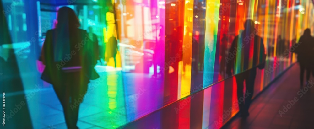 Obraz premium Silhouettes of People Walking Past a Wall of Colorful Lights