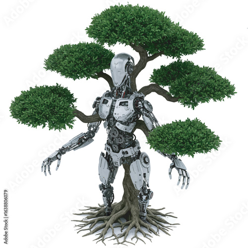 Conceptual art showing the fusion of a biomechanical robot and a green bonsai tree, symbolizing the future of technology and environmental symbiosis.