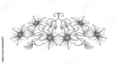 Elegant floral garland with clematis flowers and stylized scrolls design