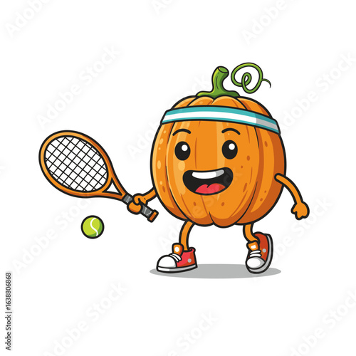 Smiling cartoon pumpkin playing tennis with a racket and ball, wearing a blue headband and orange sneakers.