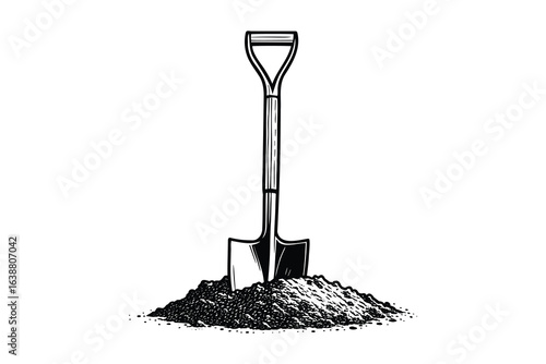 Shovel in Pile of Soil, Ground Texture, Gardening Tool, Black and White Vector Illustration