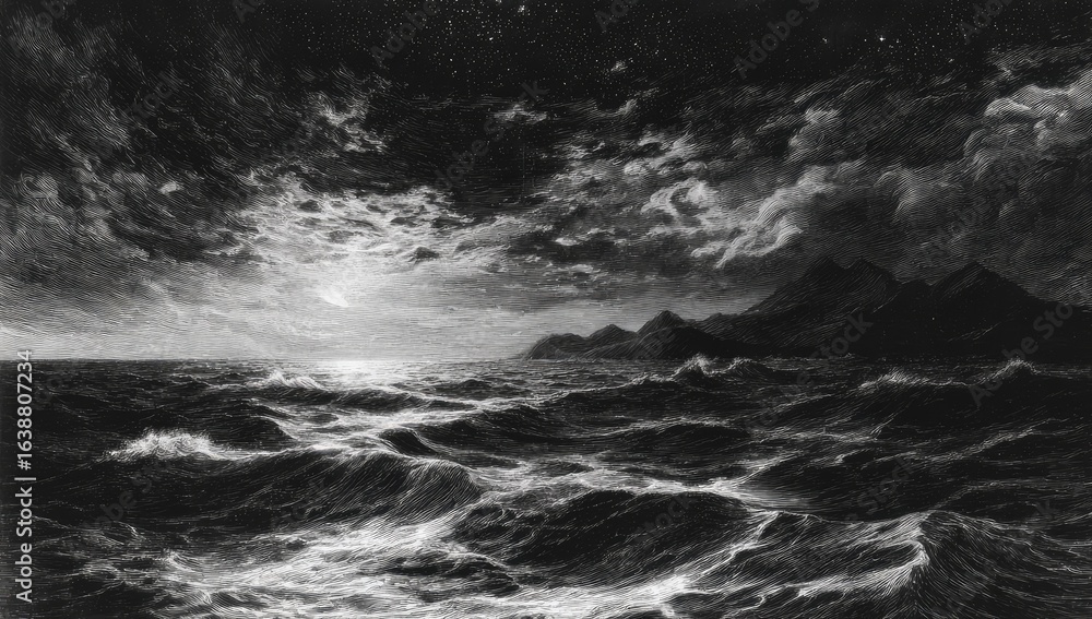 Fototapeta premium Dark, stormy seas under a night sky. Moonlight touches the waves