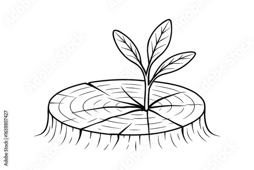 Sprout Growing From Tree Stump, New Life Concept, Linear Style, Vector Illustration
