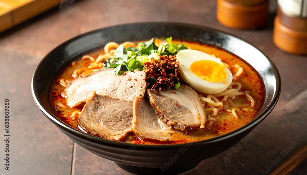 Fototapeta premium Spicy ramen in ceramic bowl