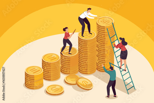 Extraordinary Isometric Financial Team Stacking Coins Bold Gold Elegant Presentation Style Artistic Creative Vision Excellent for Creative Portfolio Work Creative Industry Standard Photography Creativ