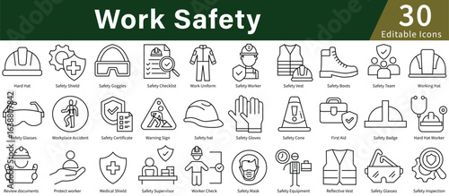 Work Safety Icon Set in Line Style with Editable Stroke for Workplace, Security, Protection, and Industrial Safety