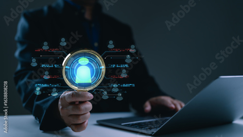 Wallpaper Mural Businessman holds virtual magnifying glass scan digital screen hr, recruitment, talent acquisition. Concept human resources management, technology, searching employees, analyzing customer data. Torontodigital.ca