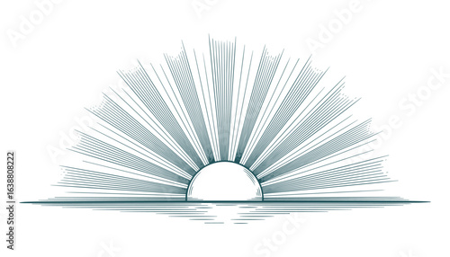 Sunrise Ocean Water Engraving Style Graphic Element Illustration Vector