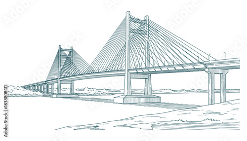 Suspension Bridge Structure with Cables and Piers, River Landscape, Linear Style, Vector Illustration