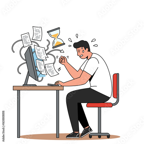 Young man stressed while typing at computer with paper overflow  