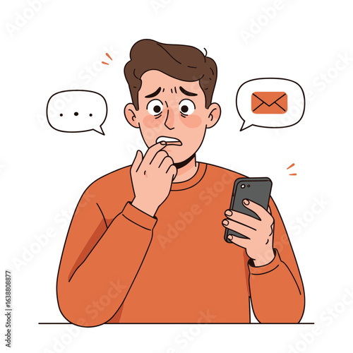 Young man looking worried while holding smartphone and anticipating message  