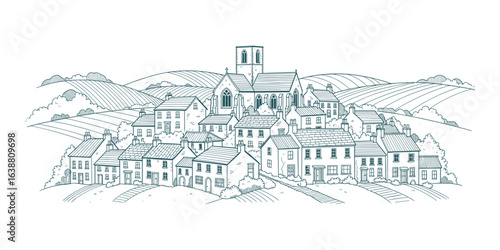 Village Scene with Church, Rolling Hills Landscape, Line Art Drawing Vector Illustration