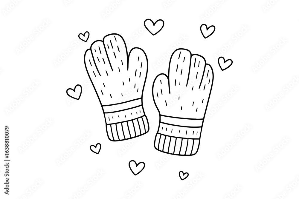 Fototapeta premium Winter Mittens Pair with Hearts, Knitted Texture Warm, Hand Drawn Style, Vector Illustration