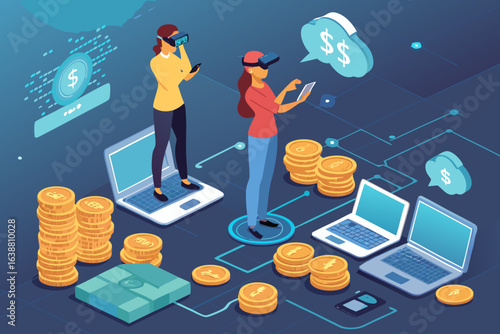 Remarkable Startup Founders Surrounded Tech Gear and Coins High-End Commercial Asset Mysterious Intriguing Appeal Perfect for Commercial Marketing Projects Commercial Ready Professional Content Creati
