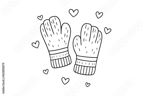 Winter Mittens Pair with Hearts, Knitted Texture Warm, Hand Drawn Style, Vector Illustration