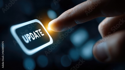 Wallpaper Mural User's finger pressing a glowing digital 'UPDATE' button on a dark interface, symbolizing progress and technological advancement for business. Torontodigital.ca