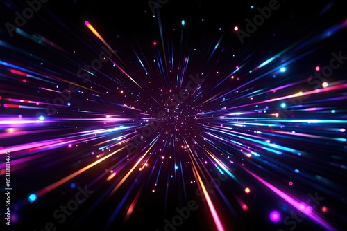 Abstract vibrant burst of light trails, radiating from a central point on a dark background