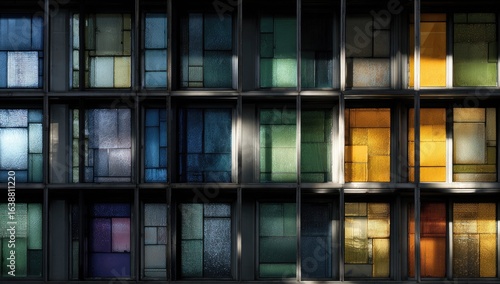 A grid of multicolored windows, casting shadows