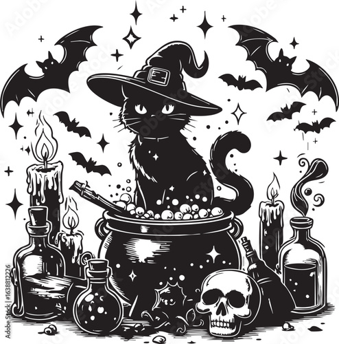 Whimsical halloween witch cat tattoo design featuring a mystical feline in a witch hat with spellbinding elements and enchanting colors